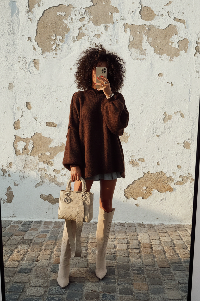 Kuscheliger Oversized Wollpullover Schokobraun – Selfie Locken