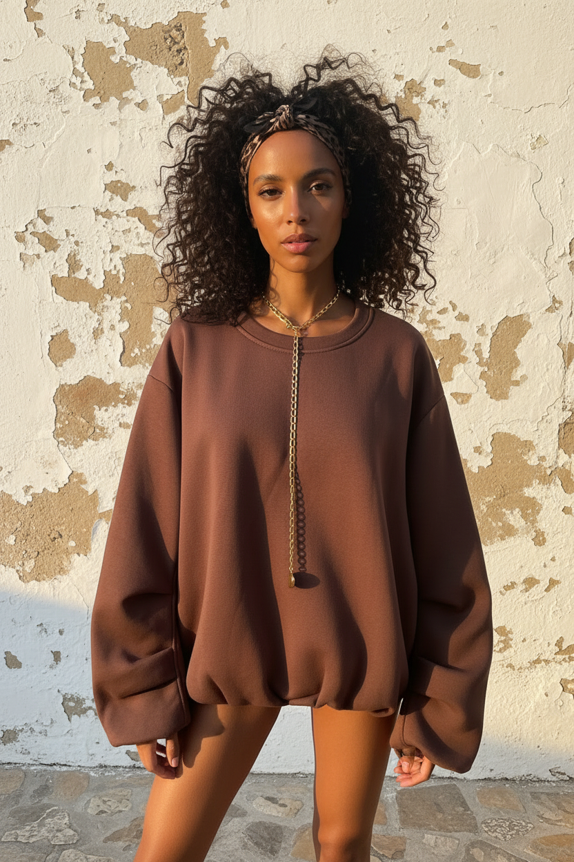 Oversized Ballon Sweatshirt Braun – Model Frontansicht