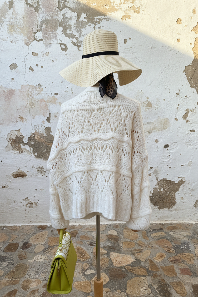 Strickjacke Weiß – Rückenansicht mediterran