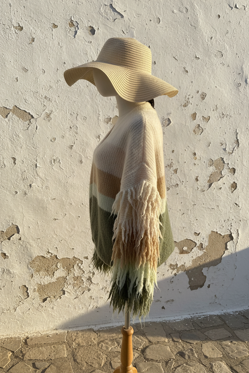 Boho Strickjacke – Seitenansicht auf Mannequin
