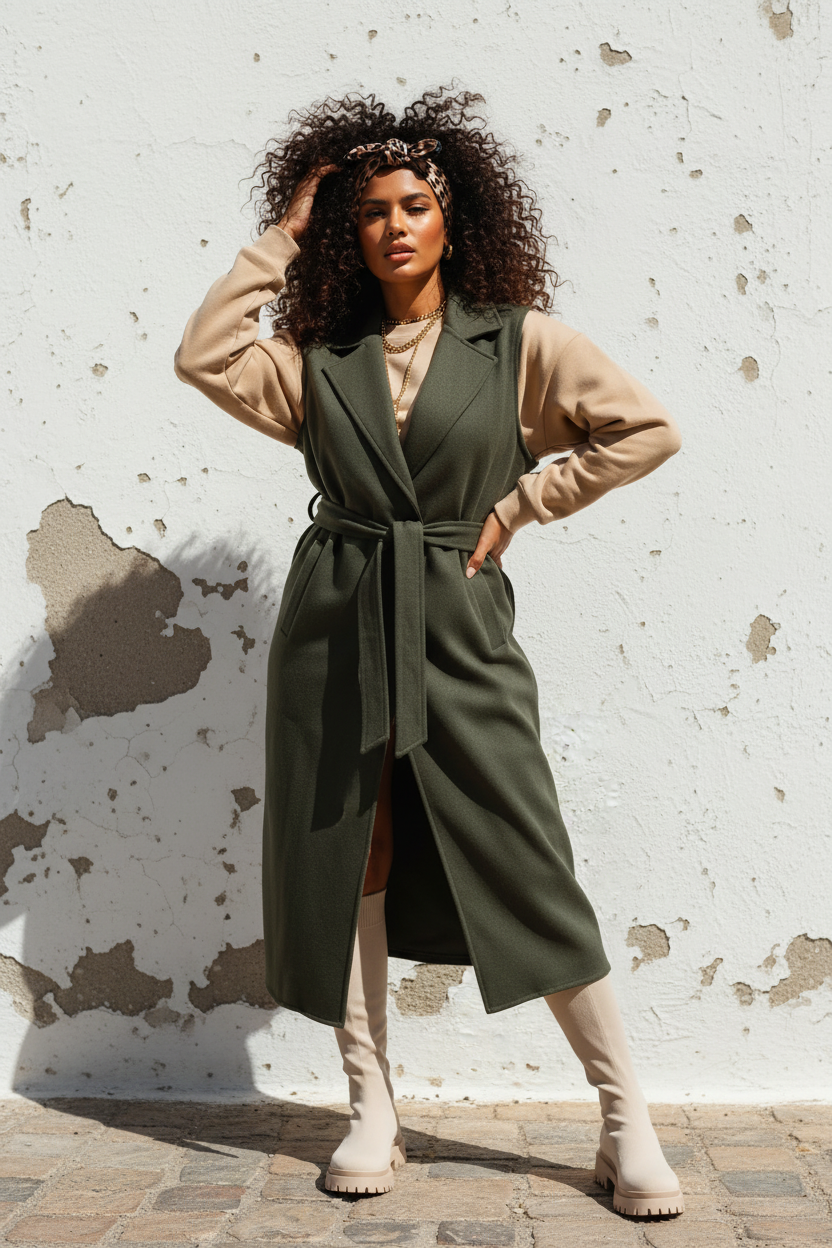 Khaki Long Weste – Model mit Beige-Pullover und Stiefeln