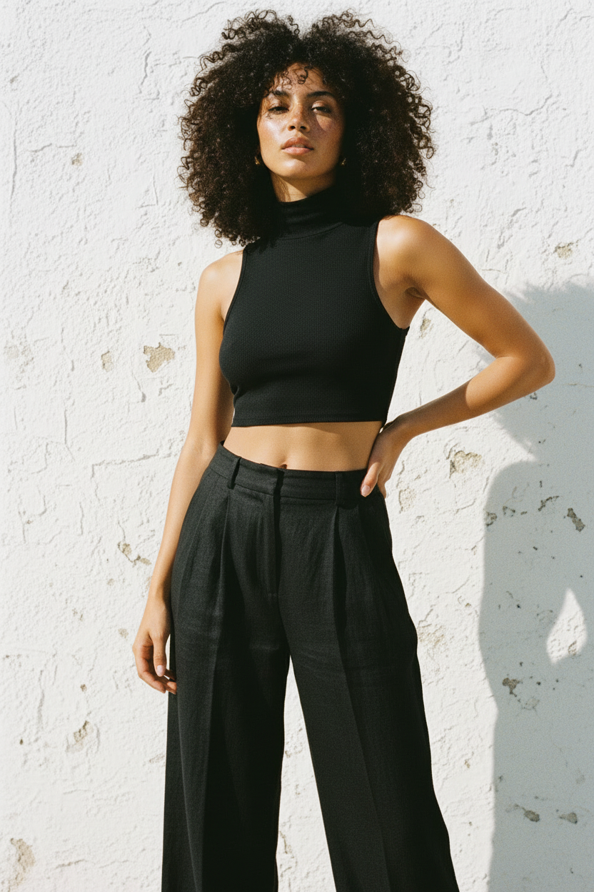 Black Ribbed Turtleneck Crop Top + Leinenhose – Front