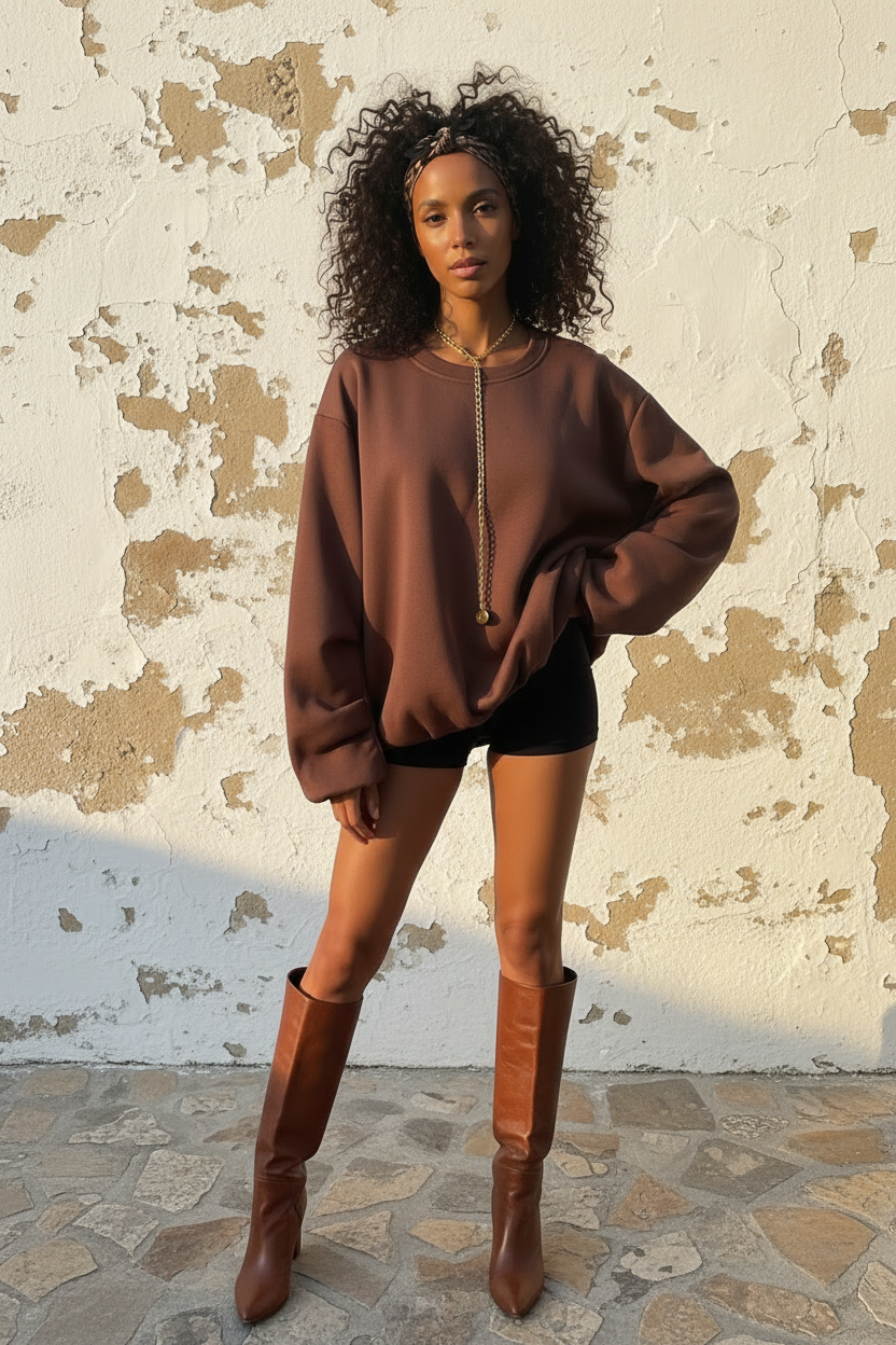 Oversized Ballon Sweatshirt Braun – Model mit Stiefeln