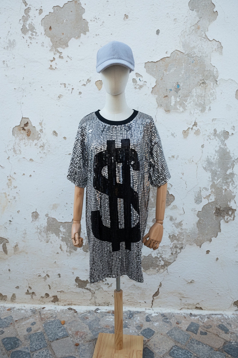 Dollar Pailletten Kleid – Frontansicht Mannequin