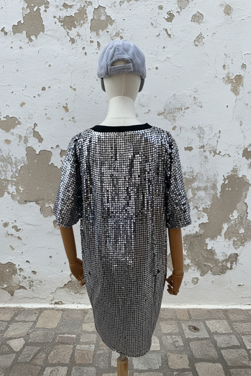 Dollar Pailletten Kleid – Rückenansicht Mannequin