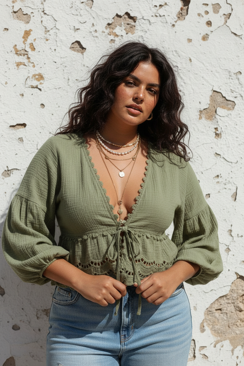 Boho Bluse Khaki Edgy Pose