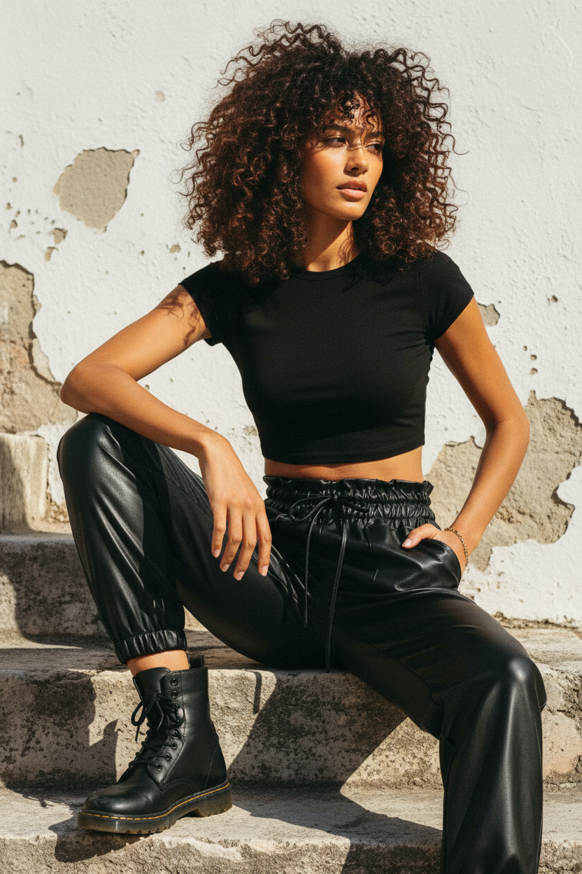 Kunstleder Jogger Hose Schwarz - Model sitzend auf Stufen