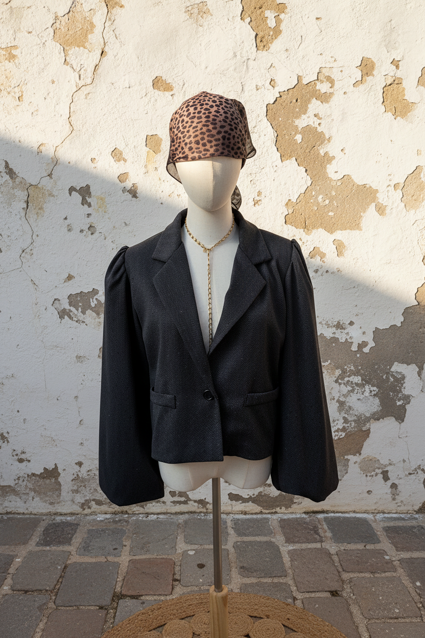 Schwarzer Glitzer Blazer mit Puffärmeln – LACLARA mediterrane Mode