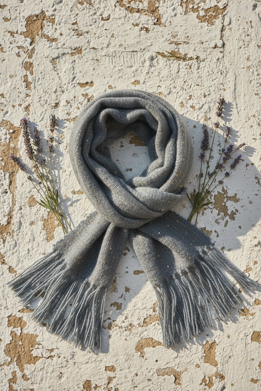 Goldschimmer Winterschal – Flat Lay mediterran