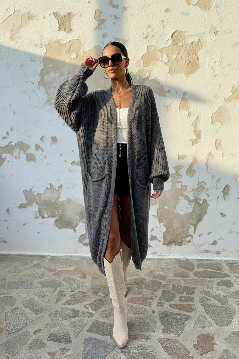 Oversize Strickjacke Grau – Clean Style frontal
