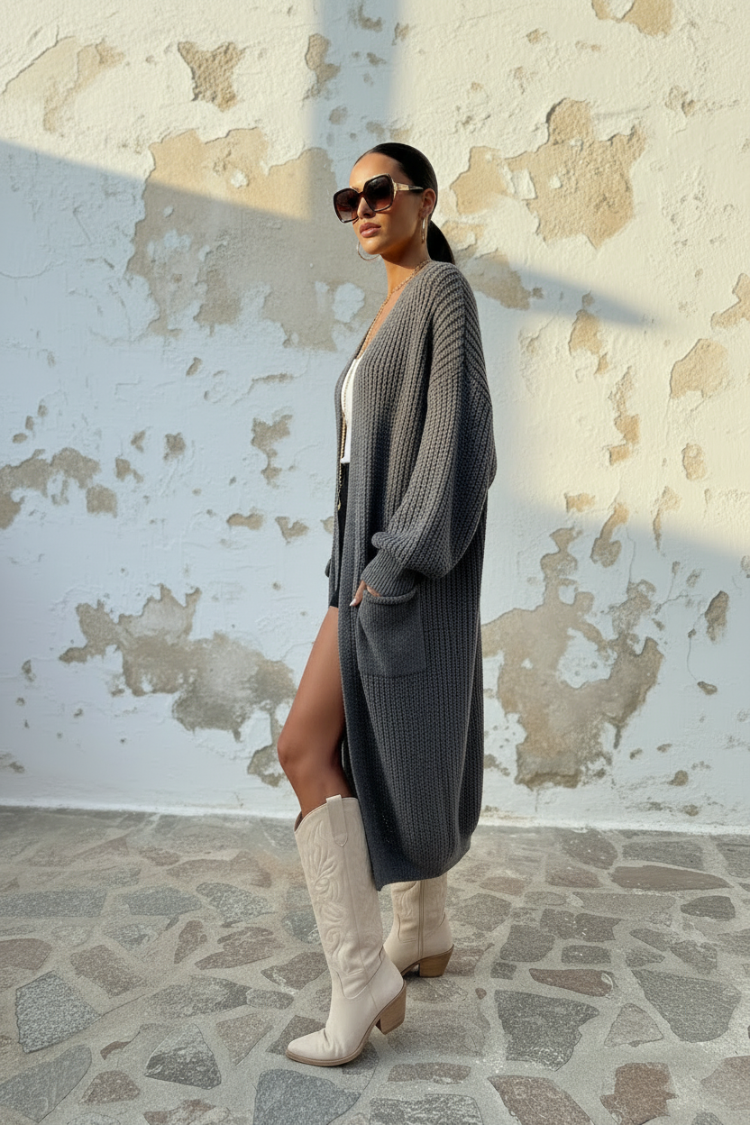 Oversize Strickjacke Grau – Clean Style Seitenprofil
