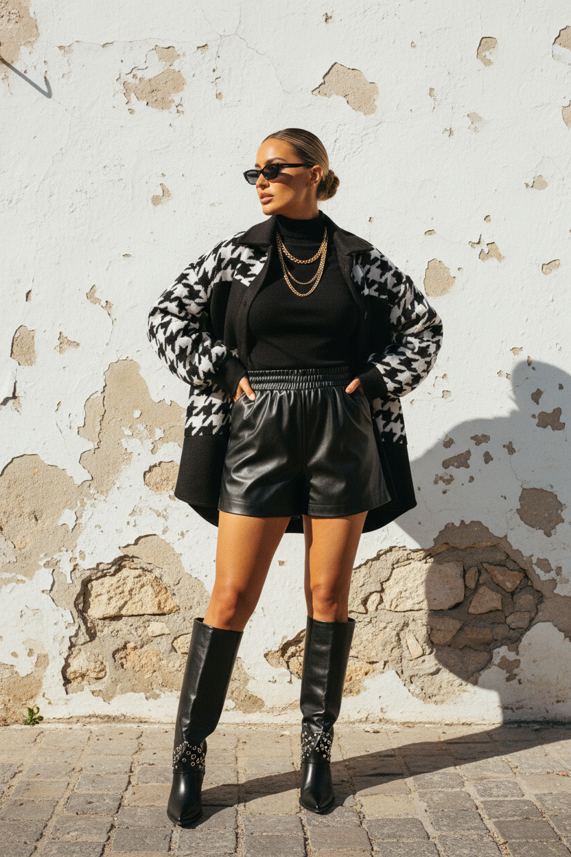 Kniehohe Stiefel mit Hahnentritt-Jacke und Leder-Shorts