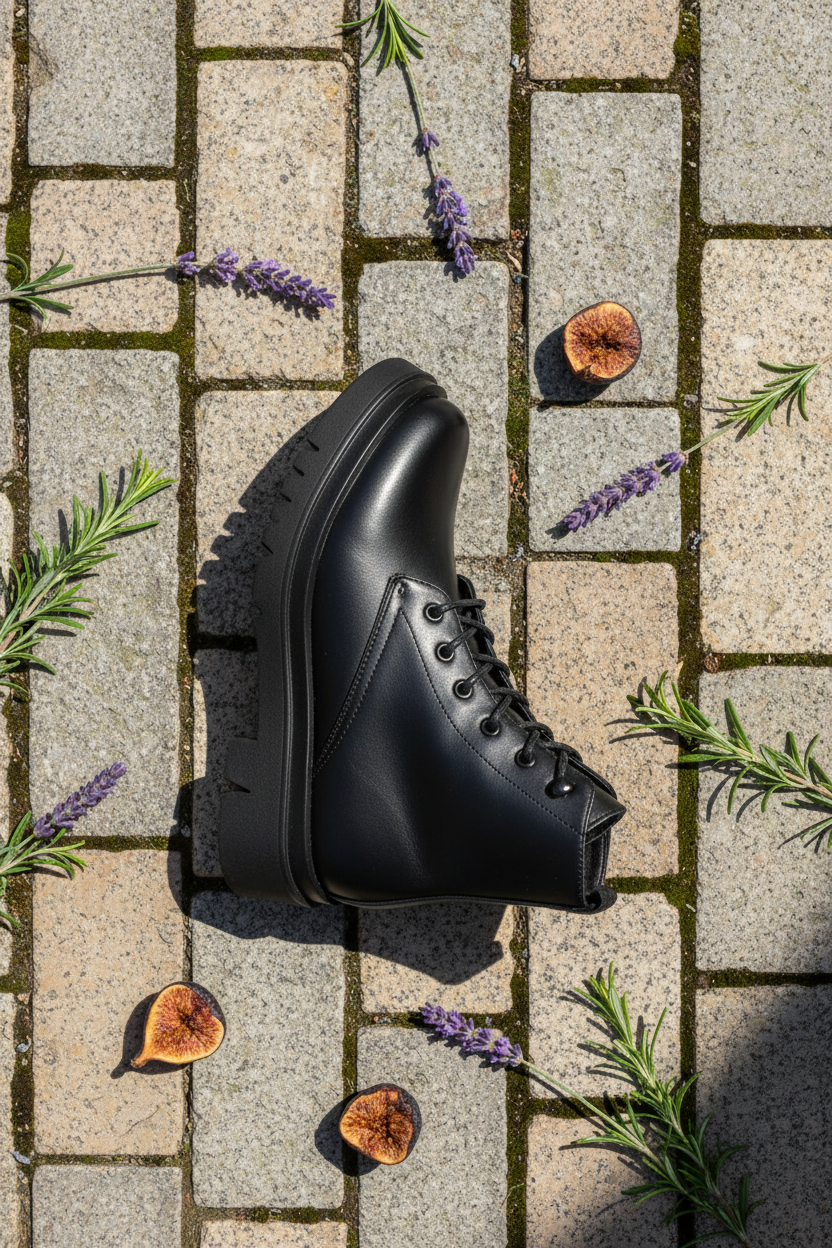 Schnürstiefel Flat Lay mit Lavendel