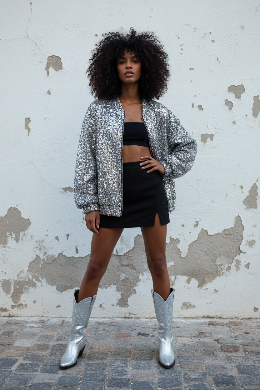 Silber Pailletten Bomberjacke – Black Mini & Silver Western Boots