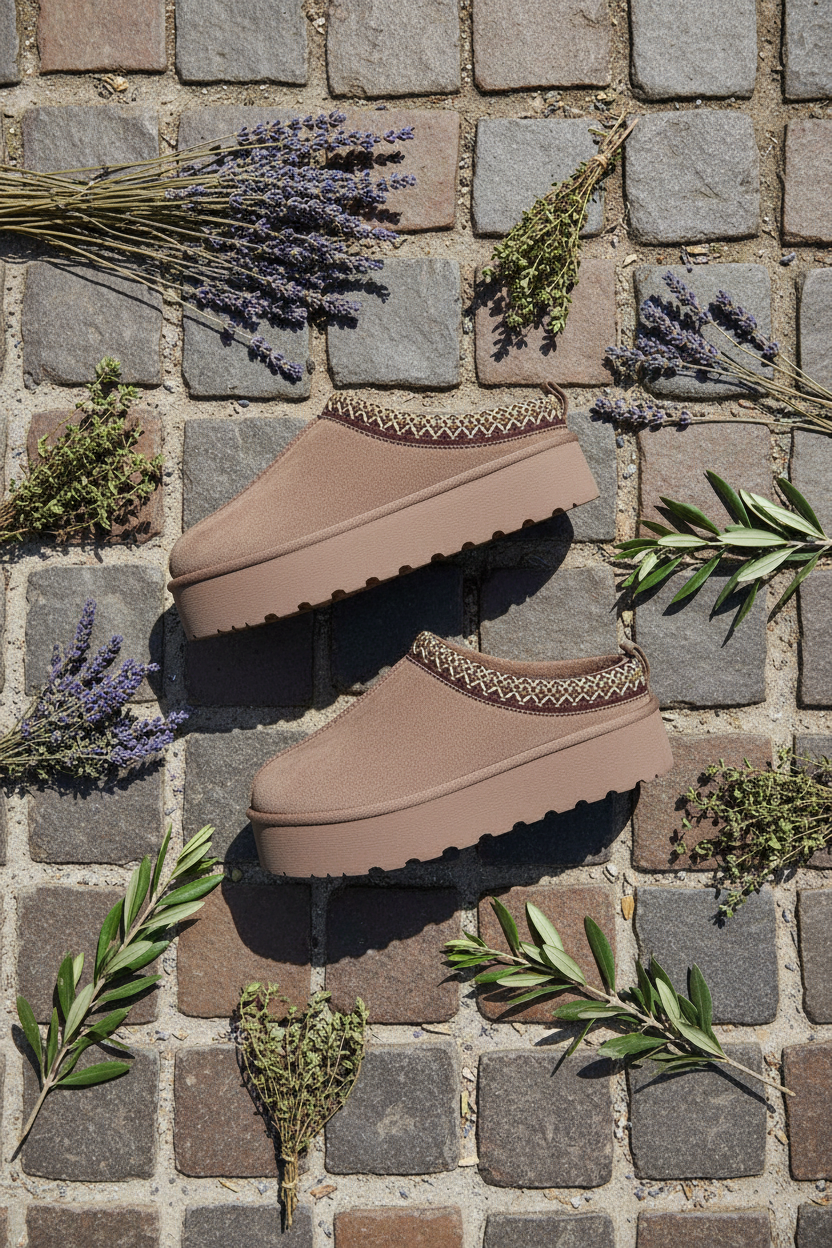 Taupe Mules Flat Lay mit Lavendel