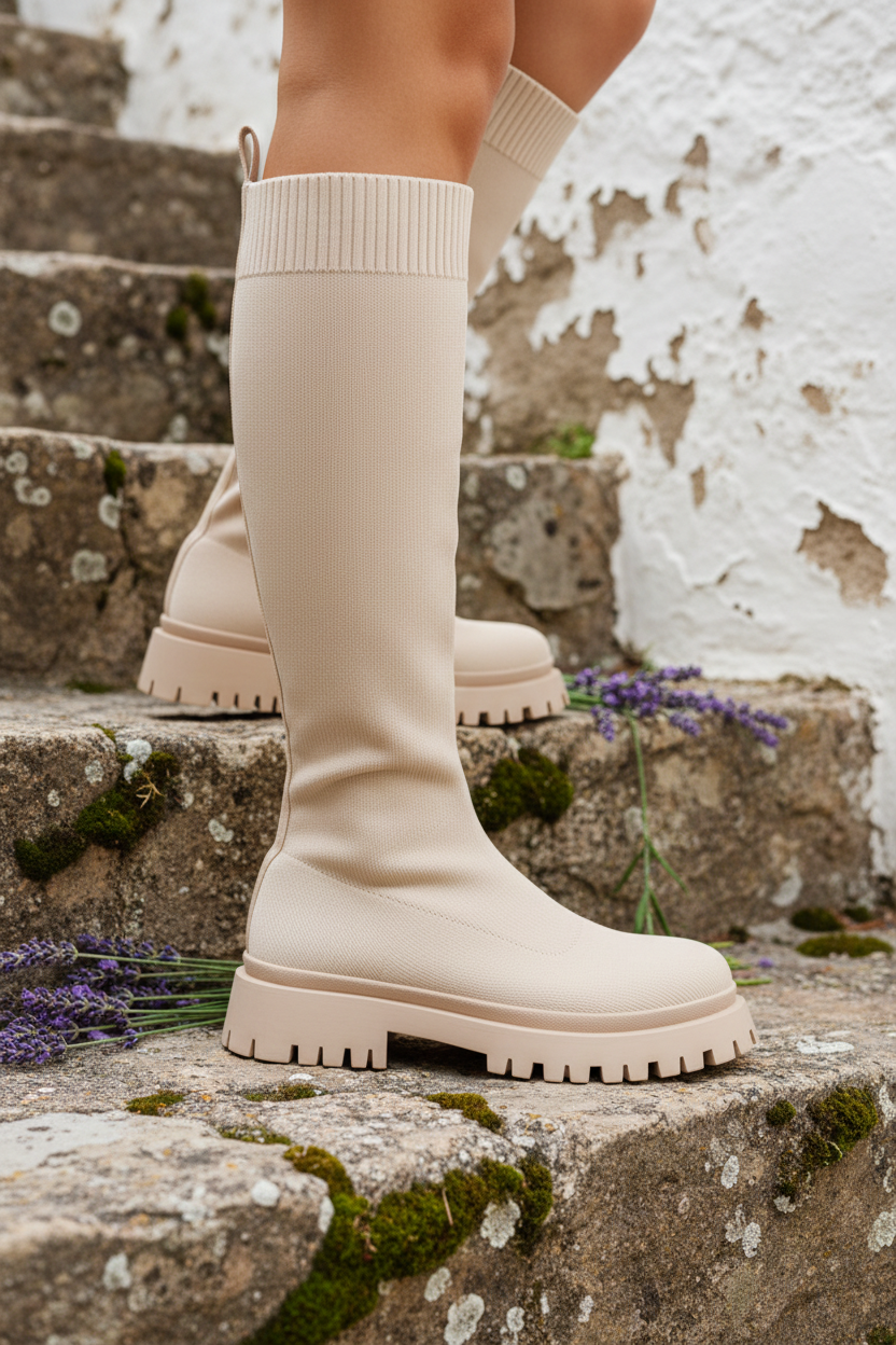 Beige Sock Boot auf Steintreppe