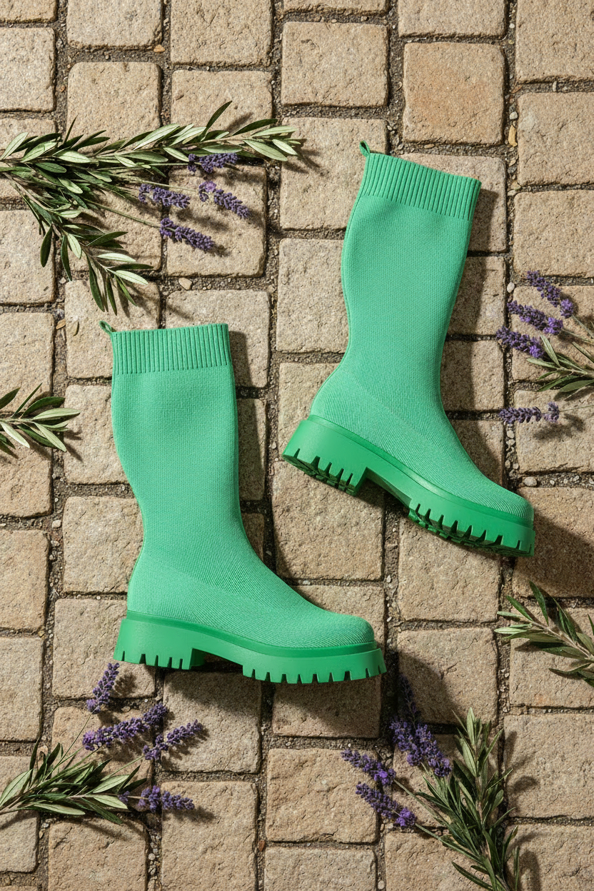 Grüne Sock Boots Flat Lay auf Kopfsteinpflaster