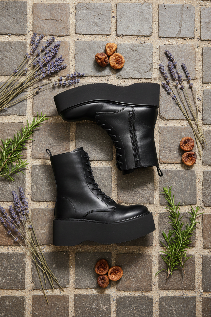 Platform Combat Boots Flat Lay mit Lavendel