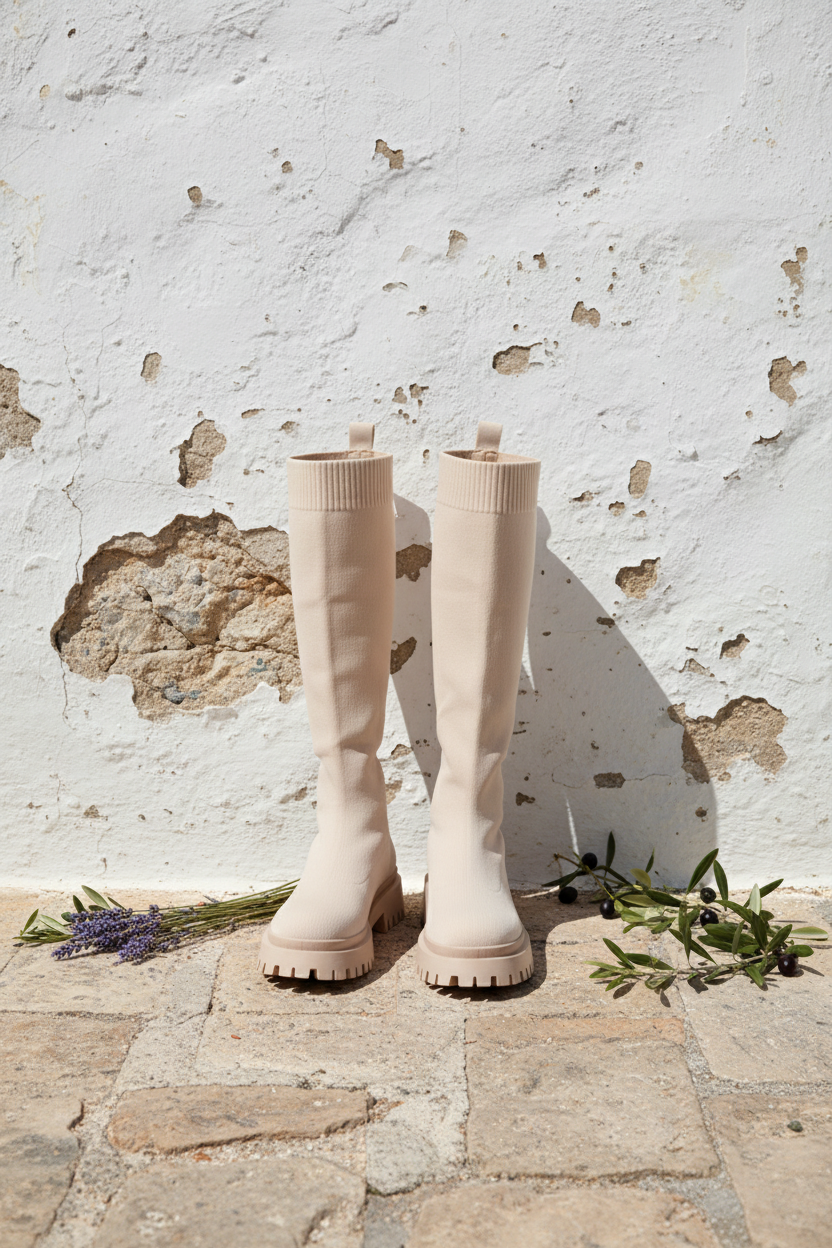 Beige Sock Boots Paar an mediterraner Wand