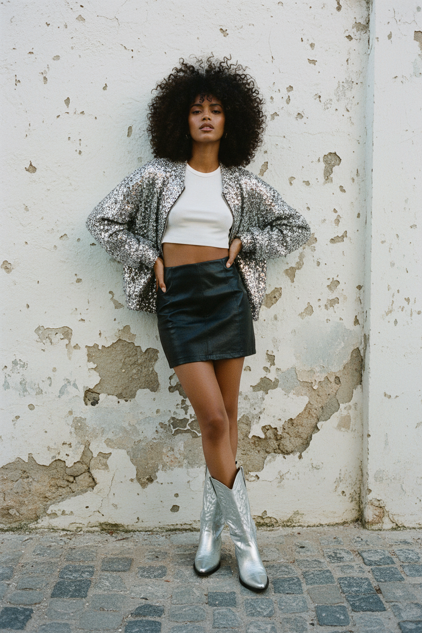 Silber Pailletten Bomberjacke – White Crop Top & Silver Western Boots