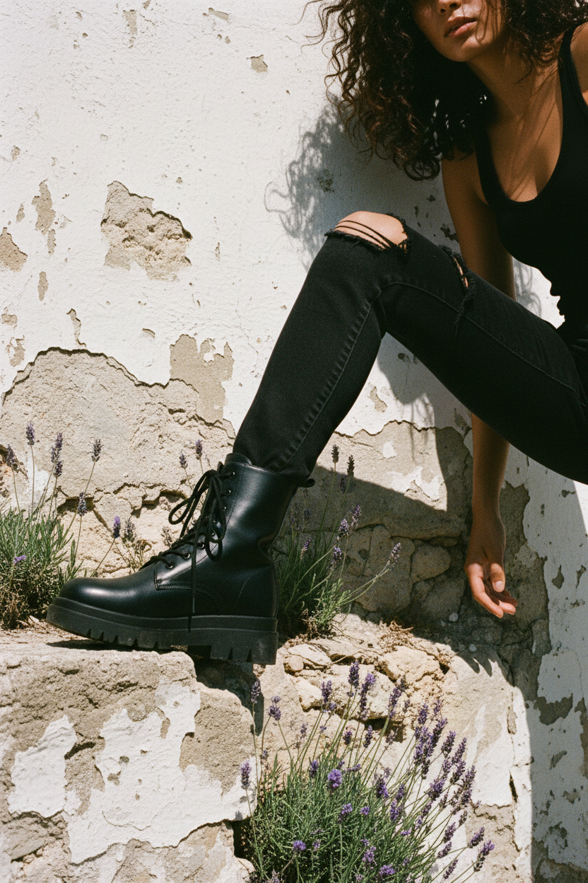 Model trägt Schnürstiefel – edgy Mauer
