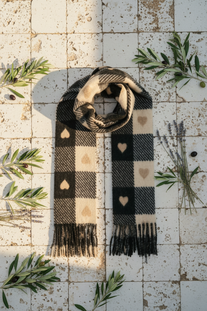 Karo-Herz Schal XXL – Flat Lay mit Oliven & Lavendel