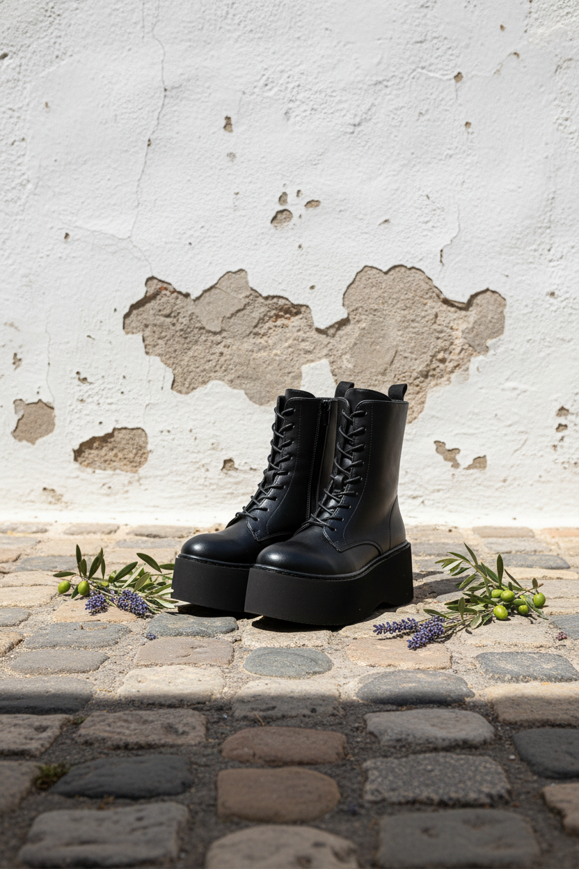 Platform Combat Boots – Paar-Ansicht mediterrane Wand
