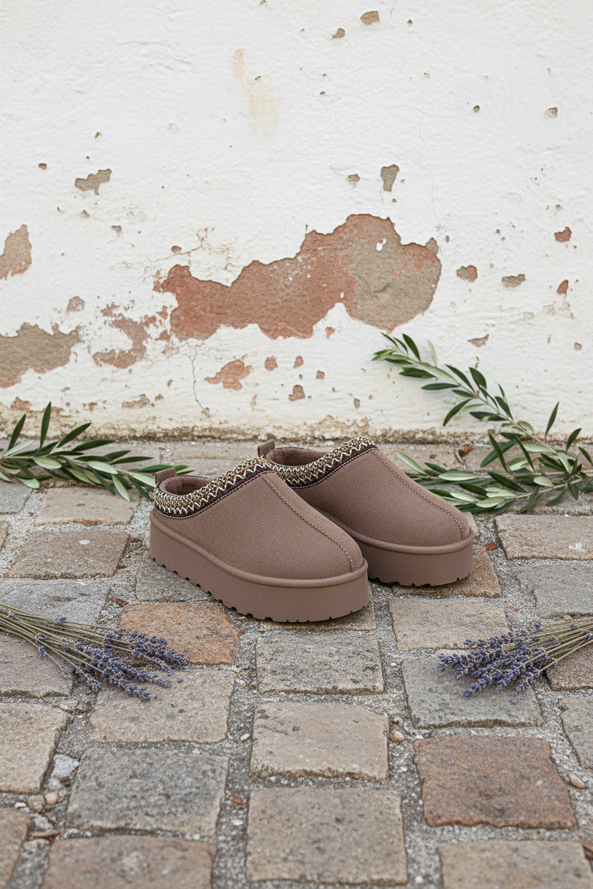 Taupe Mules an mediterraner Wand