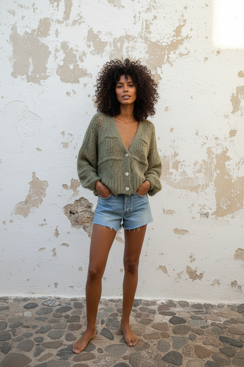 Strickjacke mit Lochmuster in Khaki – am Model