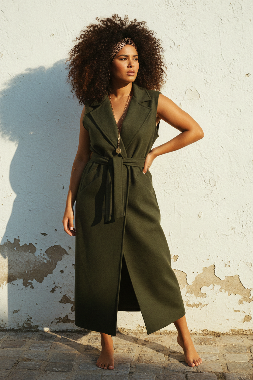 Khaki Long Weste – Model Seitenblick mit Schlitz