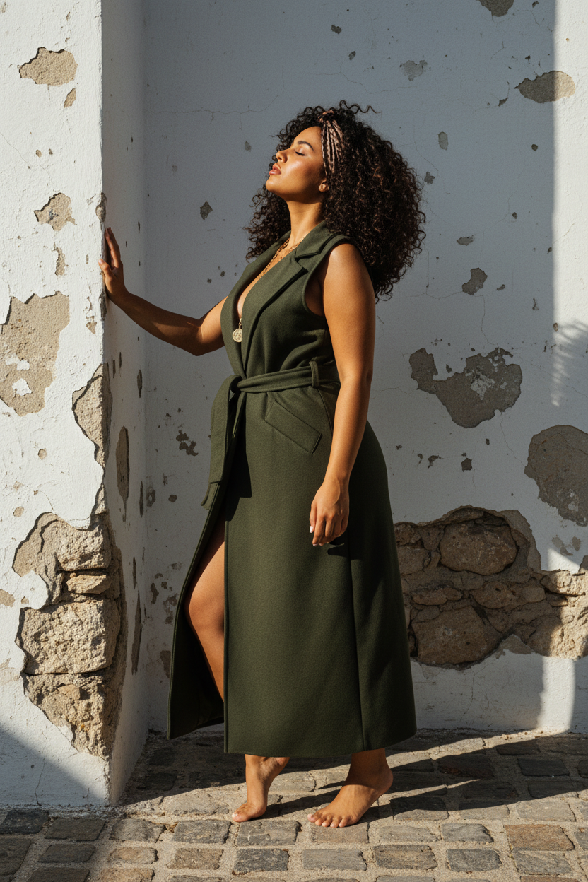 Khaki Long Weste – Model Frontansicht an Wand