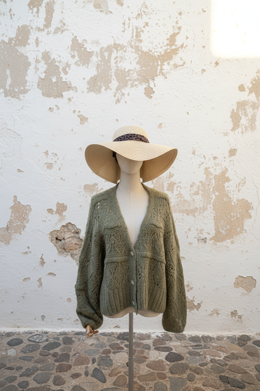 Strickjacke mit Lochmuster in Khaki – Frontansicht mediterran