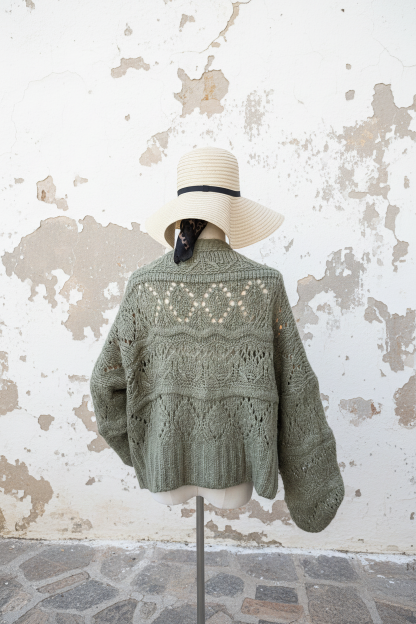 Strickjacke mit Lochmuster in Khaki – Rückenansicht mediterran