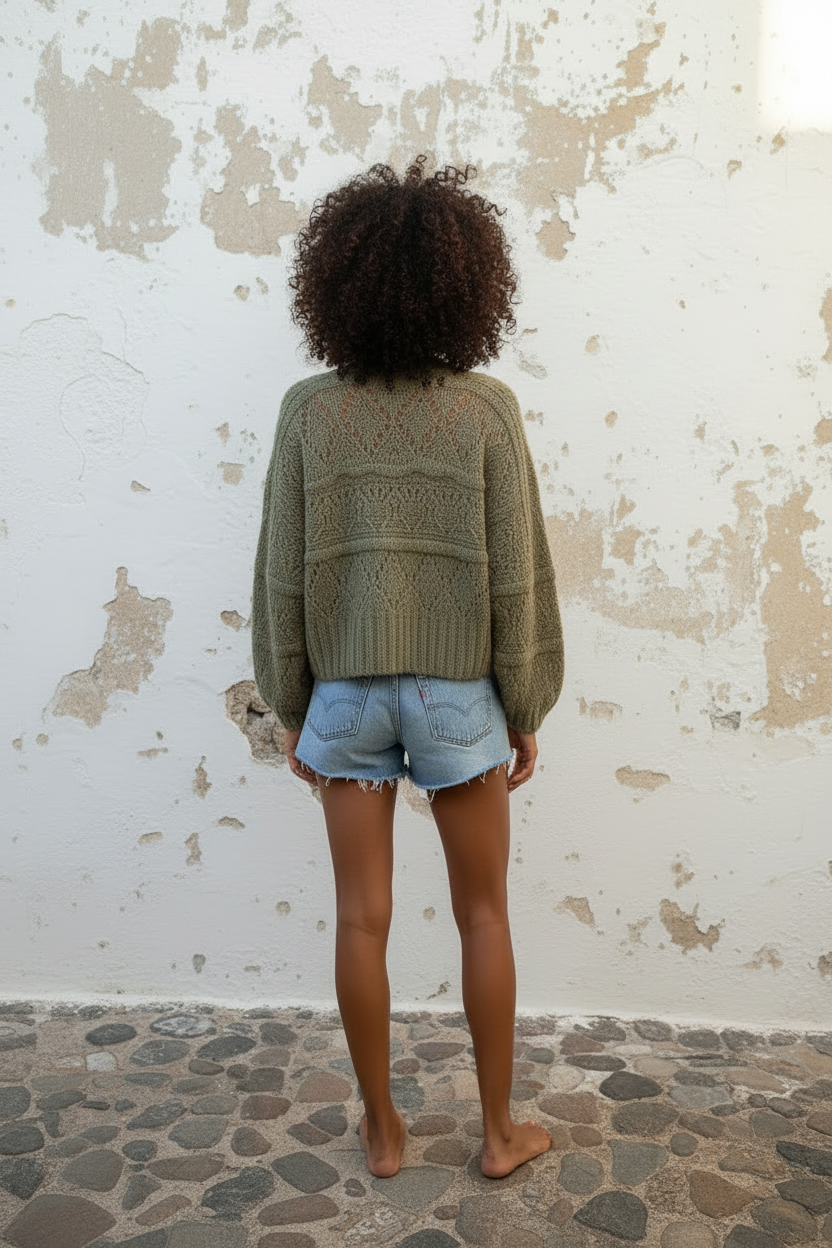 Strickjacke mit Lochmuster in Khaki – Rückenansicht am Model