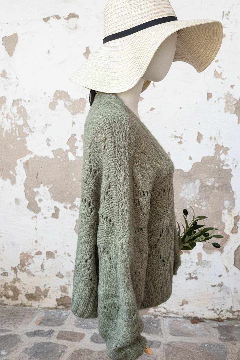 Strickjacke mit Lochmuster in Khaki – Seitenansicht mediterran