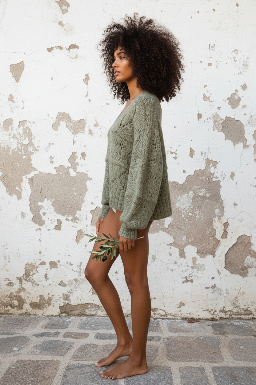 Strickjacke mit Lochmuster in Khaki – Seitenansicht am Model
