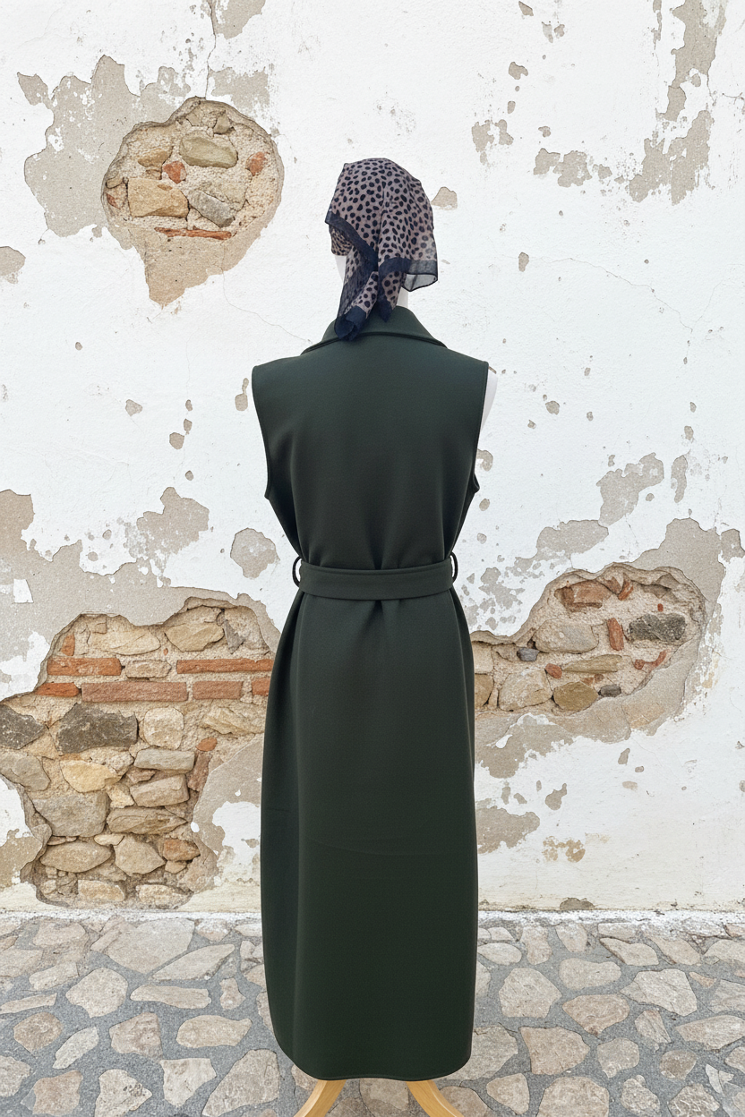 Khaki Long Weste – Mannequin Rückenansicht