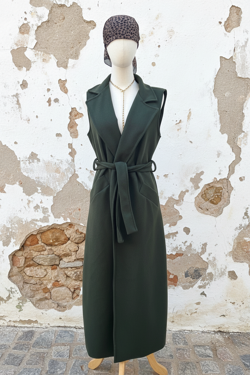 Khaki Long Weste – Model Seitenansicht an Wand