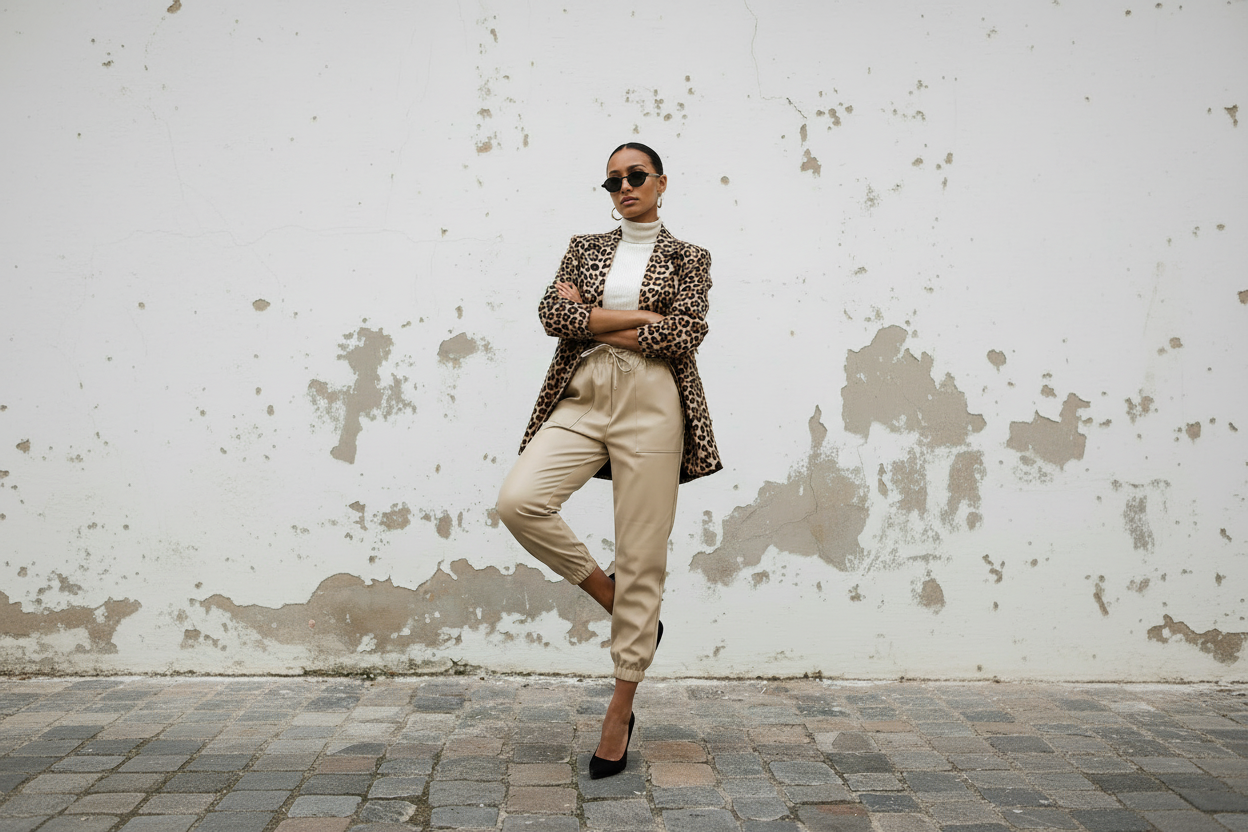 Modisches Damen-Outfit mit auffälligem Leoparden-Blazer, heller High-Waist-Hose und High Heels von LACLARA Label.