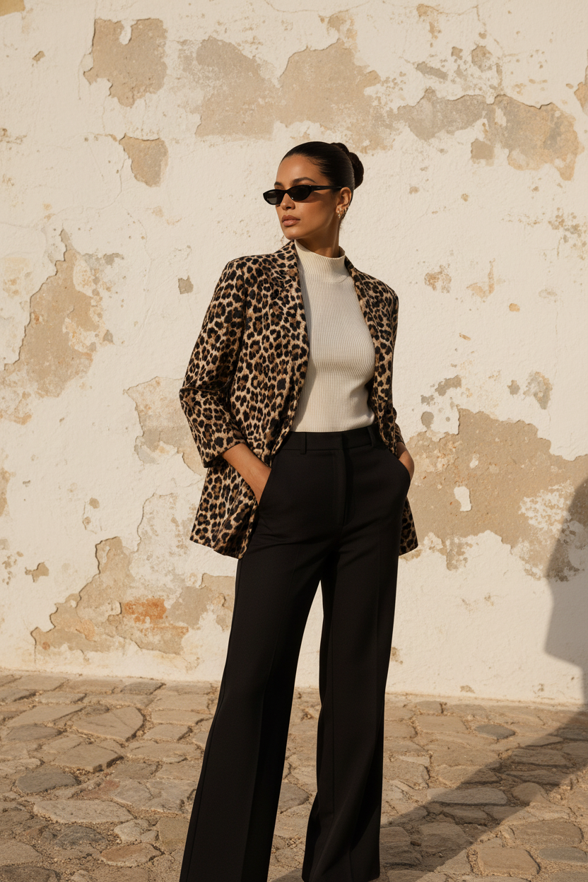 Oversized Leoparden-Blazer – Model 3/4 Ansicht
