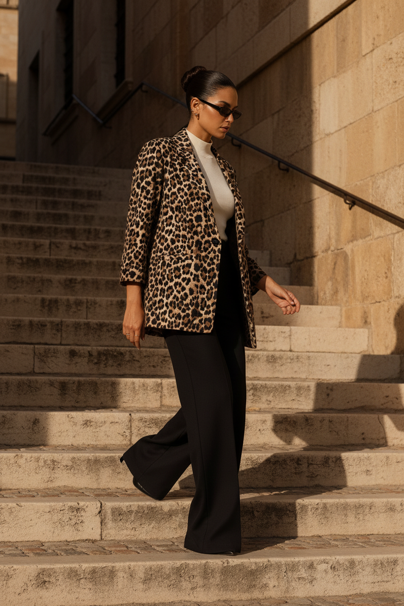 Oversized Leoparden-Blazer – Model Treppe