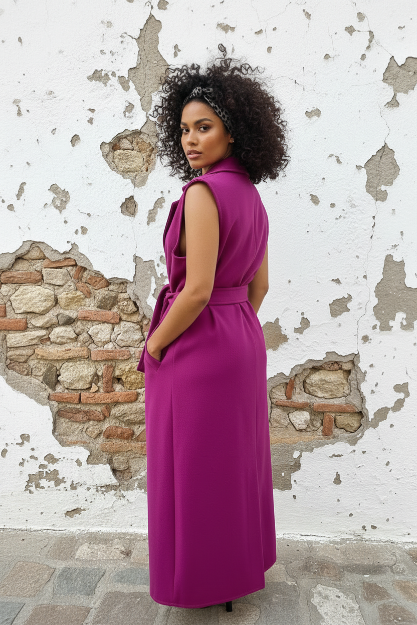 Magenta Long Weste – Model Rückenansicht