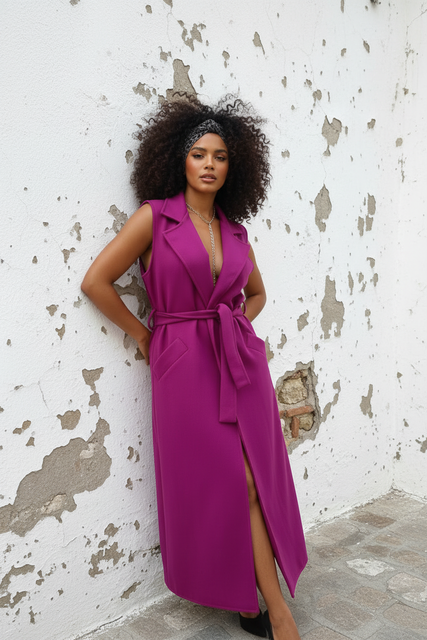 Magenta Long Weste – Model Schulterdetail