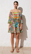 Boho Minikleid Off-Shoulder Multicolor mit Quasten – LACLARA mediterrane Mode