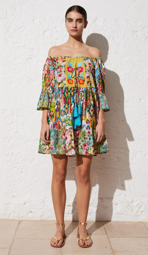 Boho Minikleid Off-Shoulder Multicolor mit Quasten – LACLARA mediterrane Mode
