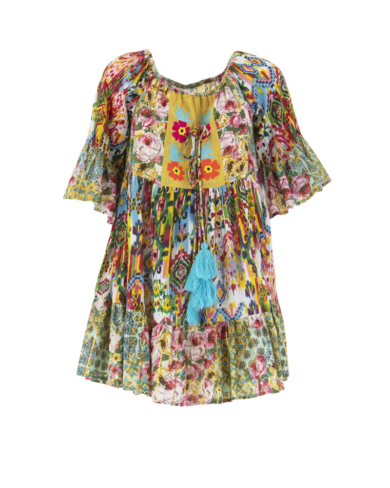 Boho Minikleid Off-Shoulder Multicolor mit Quasten – LACLARA mediterrane Mode