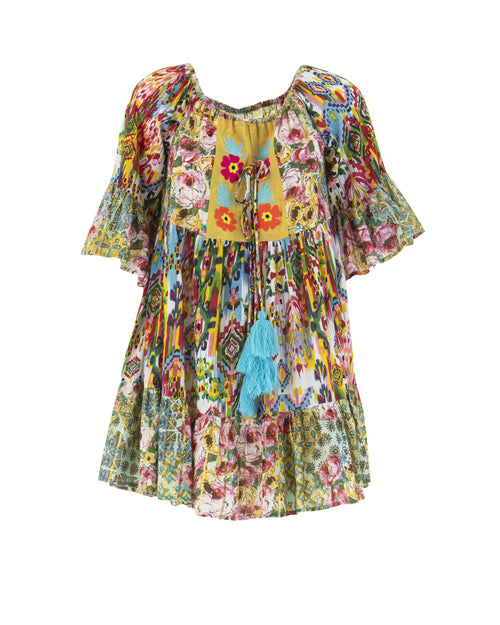 Boho Minikleid Off-Shoulder Multicolor mit Quasten – LACLARA mediterrane Mode