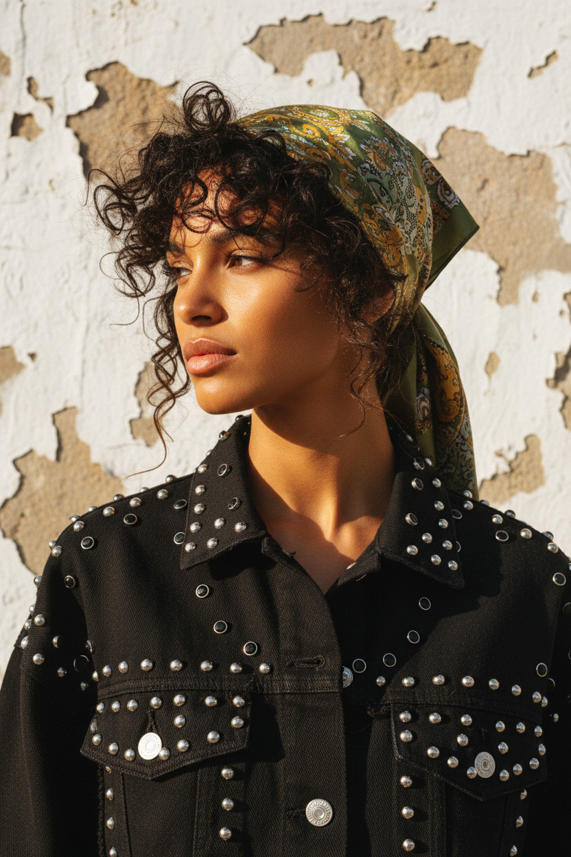 Schwarze Nieten-Jeansjacke – Close-up
