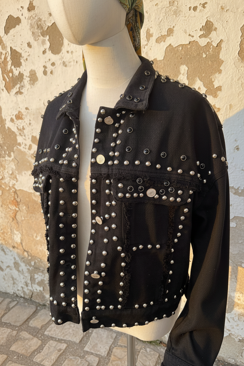 Schwarze Nieten-Jeansjacke – Nahaufnahme Nieten