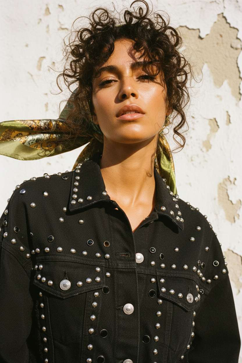 Schwarze Nieten-Jeansjacke – Portrait